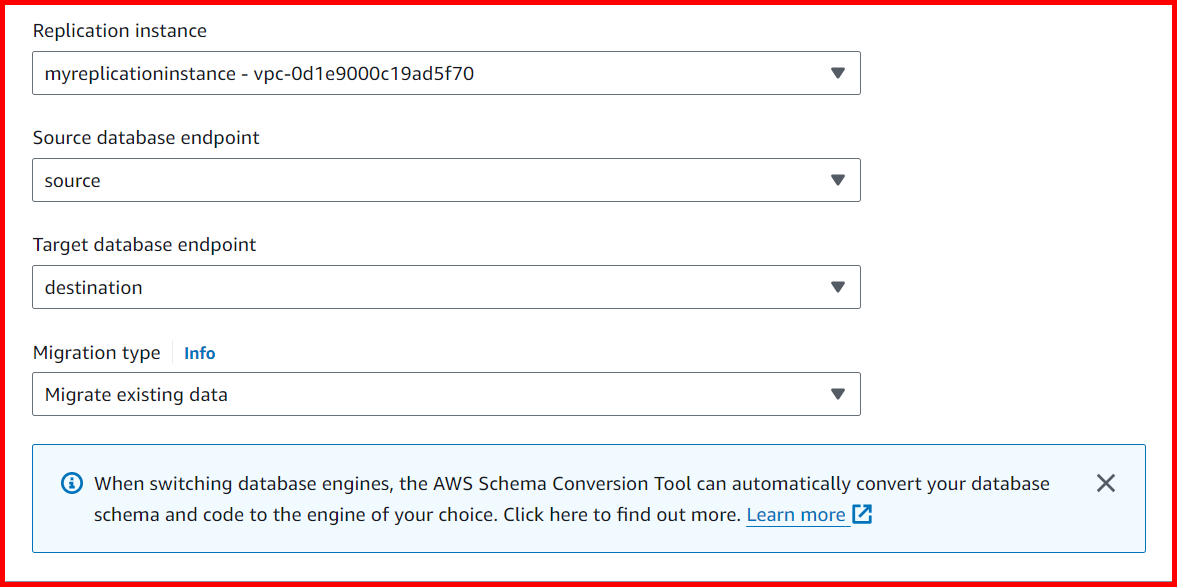Picture showing the section of screen to select the source and target database endpoint